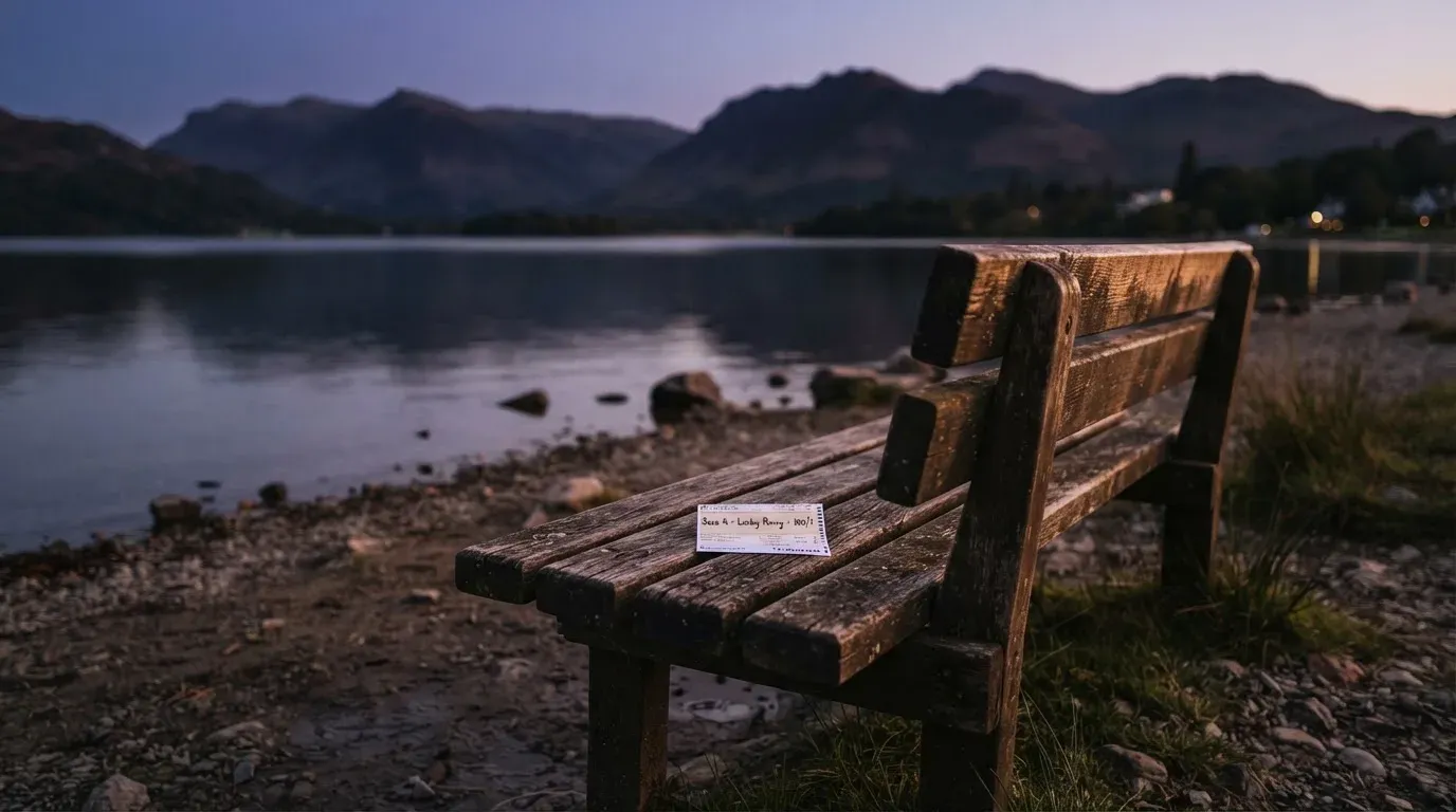 Eine leere Holzbank am Seeufer in der Dämmerung, im Hintergrund dunkle Berge