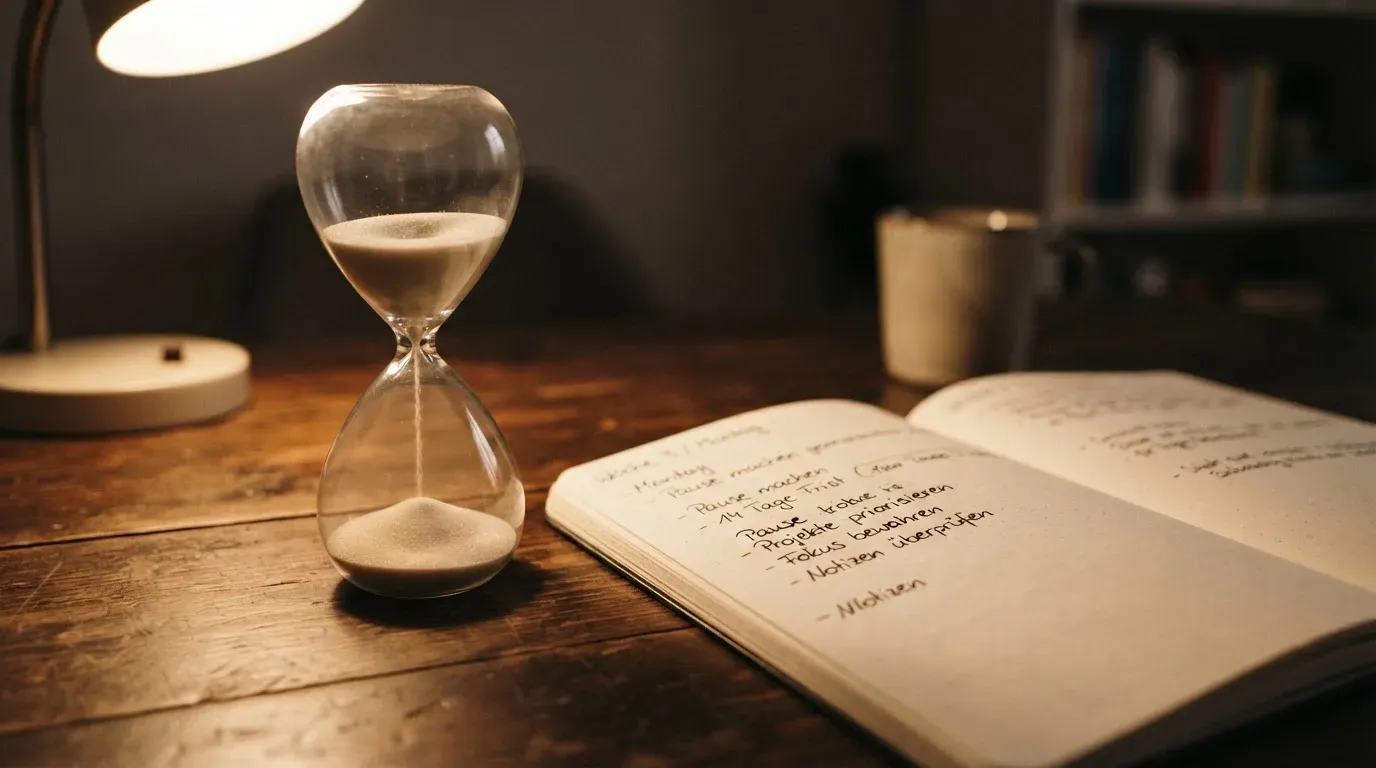 Eine Sanduhr steht auf einem Schreibtisch neben einem Notizbuch mit handschriftlichen Einträgen im Licht einer Lampe