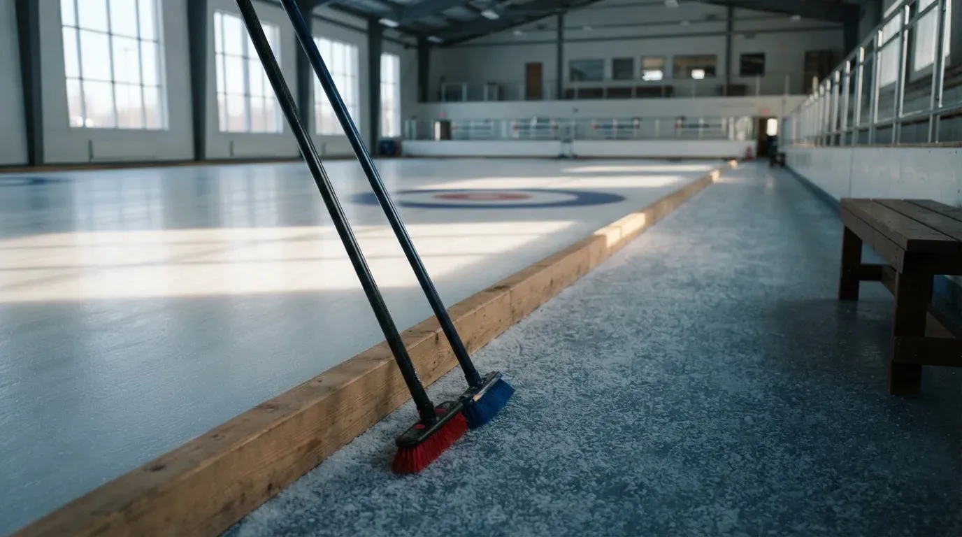 Zwei Curlingbesen lehnen an einer Bande am Rand einer leeren Eisfläche, kaltes Licht fällt durch hohe Fenster
