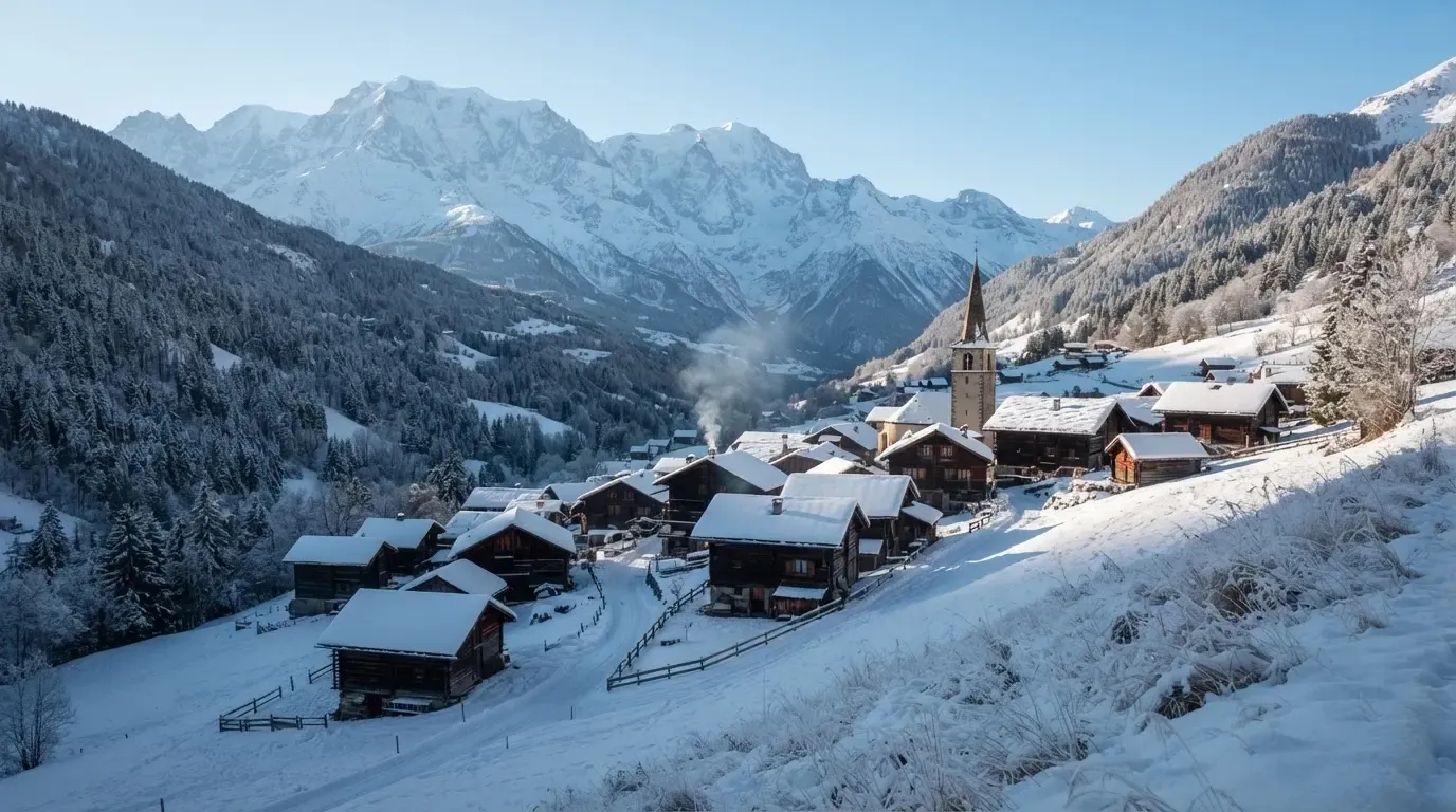 Ein Bergdorf im Schnee am Morgen aus der Ferne gesehen, aus einem Kamin steigt Rauch auf