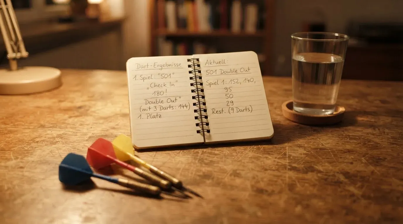 Drei Dartpfeile liegen auf einer Holzfläche neben einem Notizblock mit handschriftlichen Zahlen und einem Glas Wasser