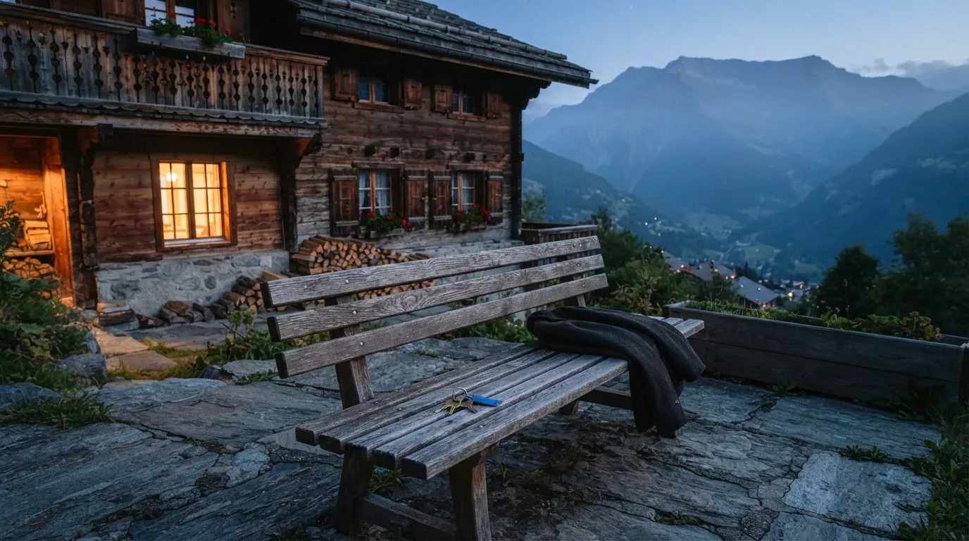 Eine Holzbank steht vor einem Chalet im Abendlicht, ein Schlüsselbund liegt darauf