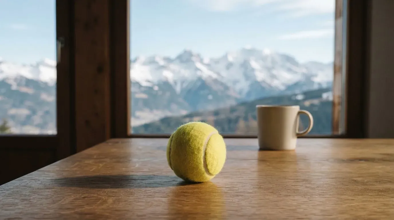 Ein einzelner gelber Tennisball liegt auf einem Holztisch vor einem Fenster mit Alpenblick
