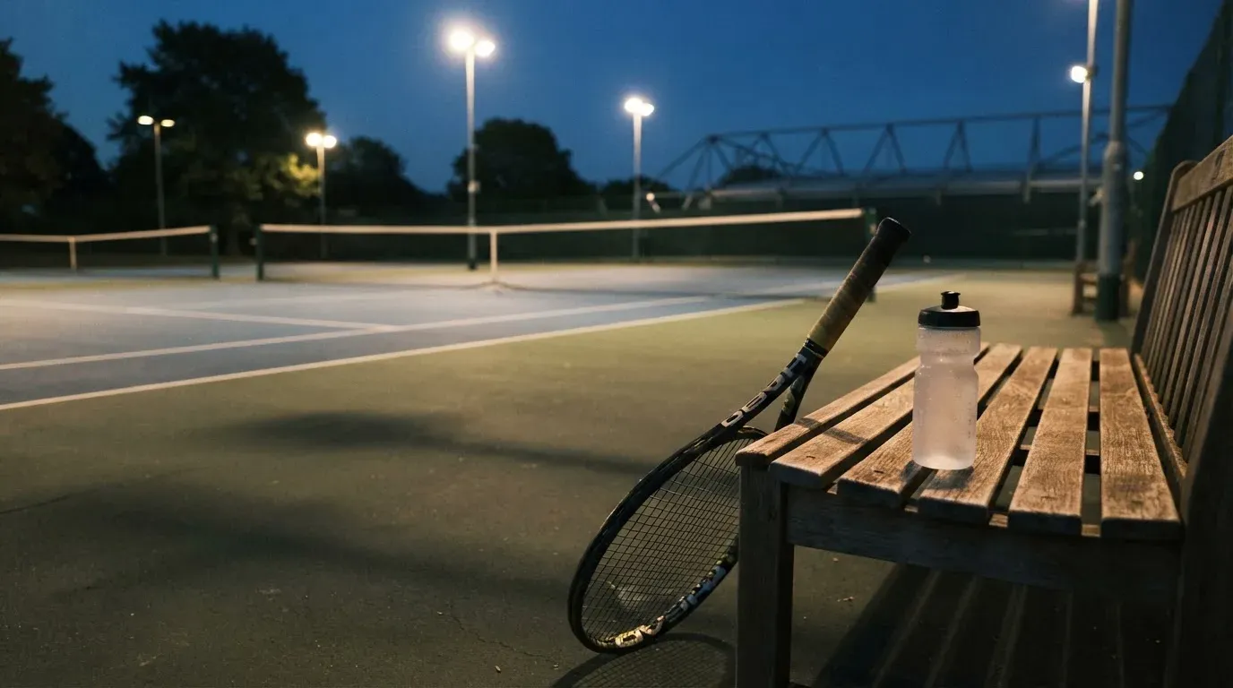 Ein Tennisschläger lehnt an einer Bank neben einer Wasserflasche, am Abend ruht der Platz im Flutlicht, aus der Ferne gesehen