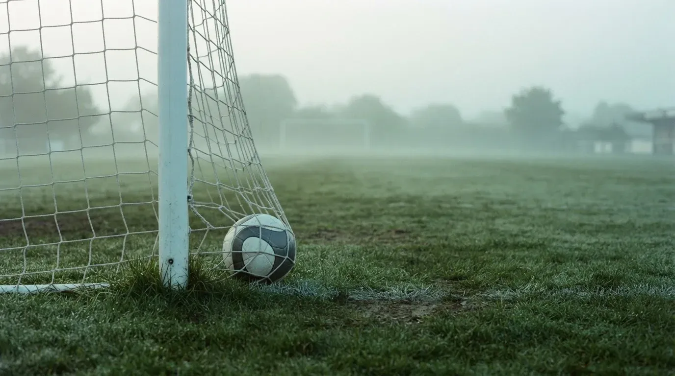 Ein Fussball liegt im Netz hinter einem Tor, weicher Morgennebel hängt über dem Rasen