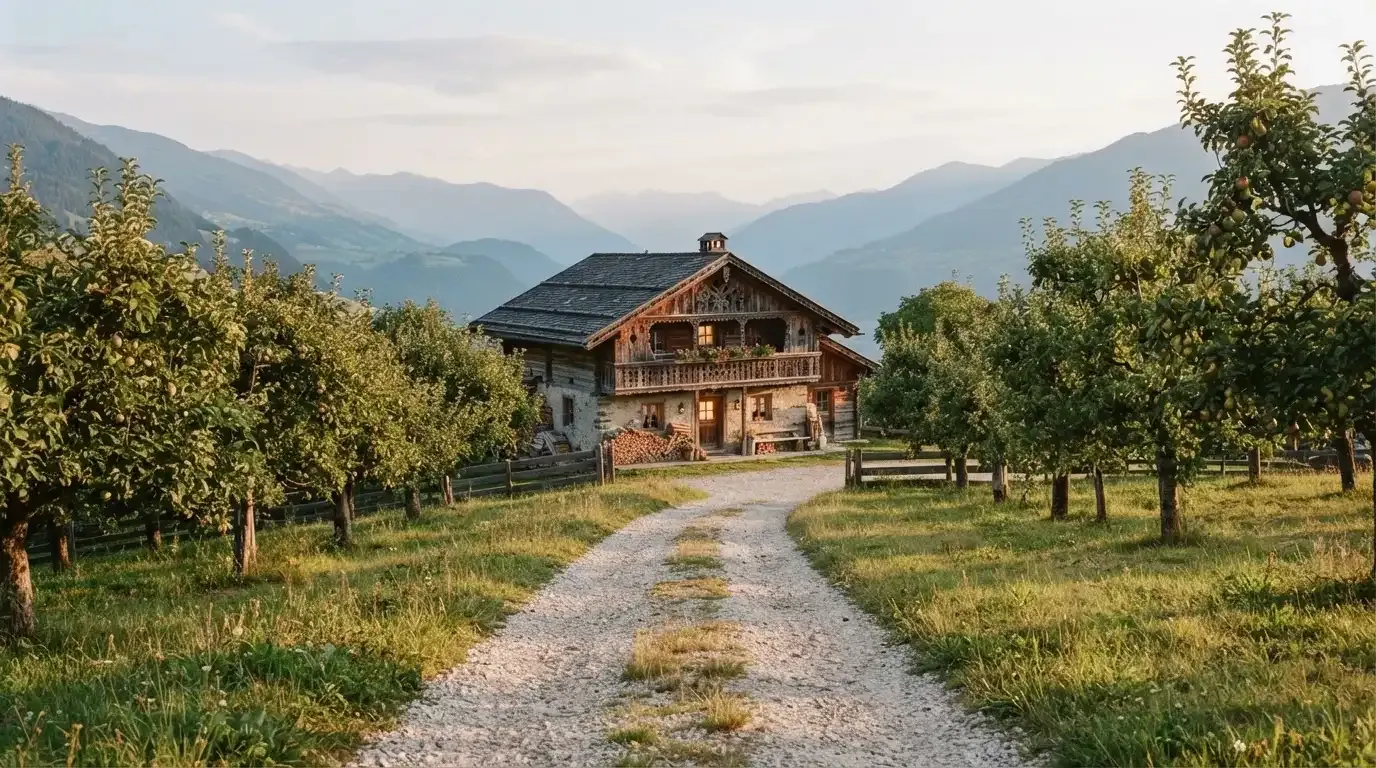 Ein Kiesweg führt durch einen Obstgarten zu einem Bauernhaus mit Holzbalkon, über dem Tal liegt Abendlicht