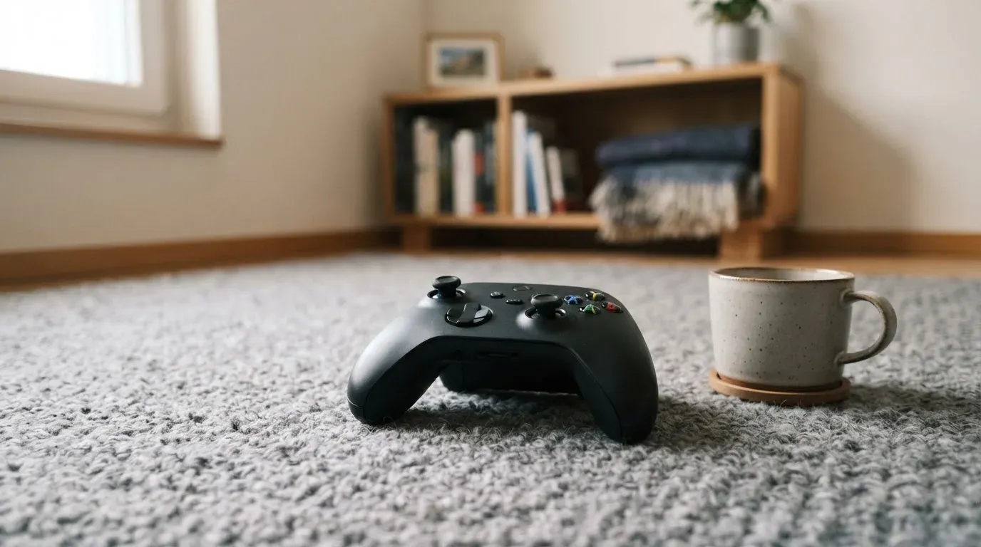 Ein Spielcontroller liegt auf einem Teppich neben einer Tasse, im Hintergrund ein Regal mit Büchern