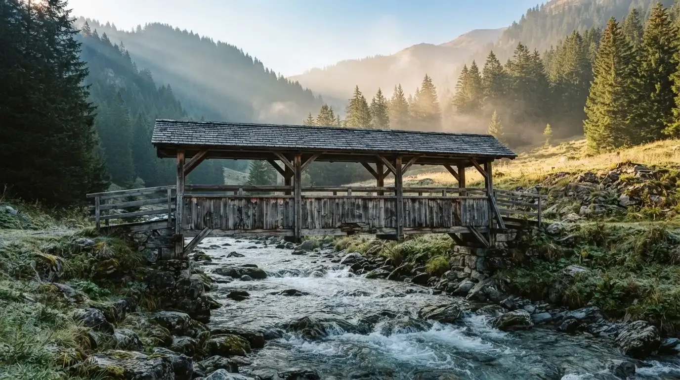 Eine alte Holzbrücke führt über einen Bergbach im Morgenlicht, Tannen säumen das Ufer