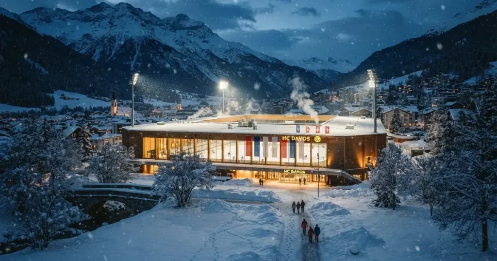 Eine Eishalle von weitem unter Flutlicht in einer verschneiten Stadtlandschaft, Dampf steigt vom Dach auf