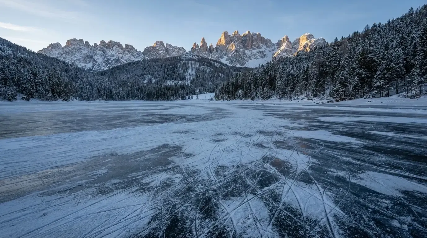 Ein zugefrorener Bergsee mit Spuren von Schlittschuhen am Morgen, dahinter ein verschneiter Wald