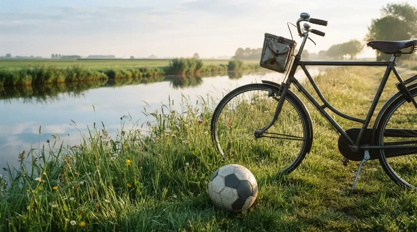 Ein Fussball liegt auf einer Wiese neben einem Fahrrad, im Hintergrund ein Kanal im Morgenlicht