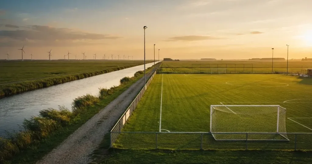 Ein Fussballplatz neben einem Kanal in flachem Land mit Windrädern am Horizont, Abendlicht liegt über dem Rasen