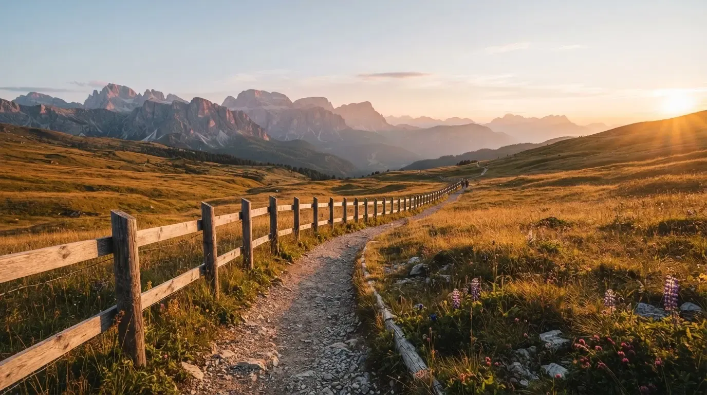 Ein Wanderweg führt durch eine Almwiese im Sonnenuntergang, am Wegrand steht ein Holzzaun