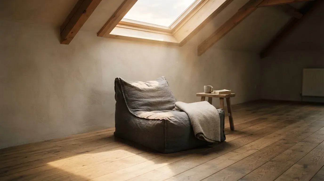 Ein leerer Sitzsack steht in einem Zimmer mit Dachfenster, Abendlicht fällt auf den Holzboden