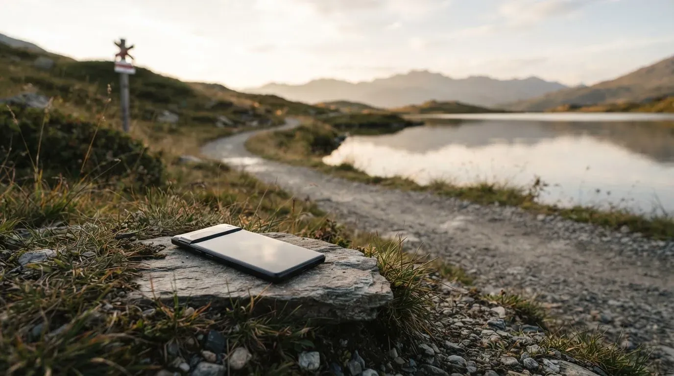 Ein schmaler Wanderweg führt am Seeufer entlang, auf einem Stein liegt ein Smartphone mit dunklem Display