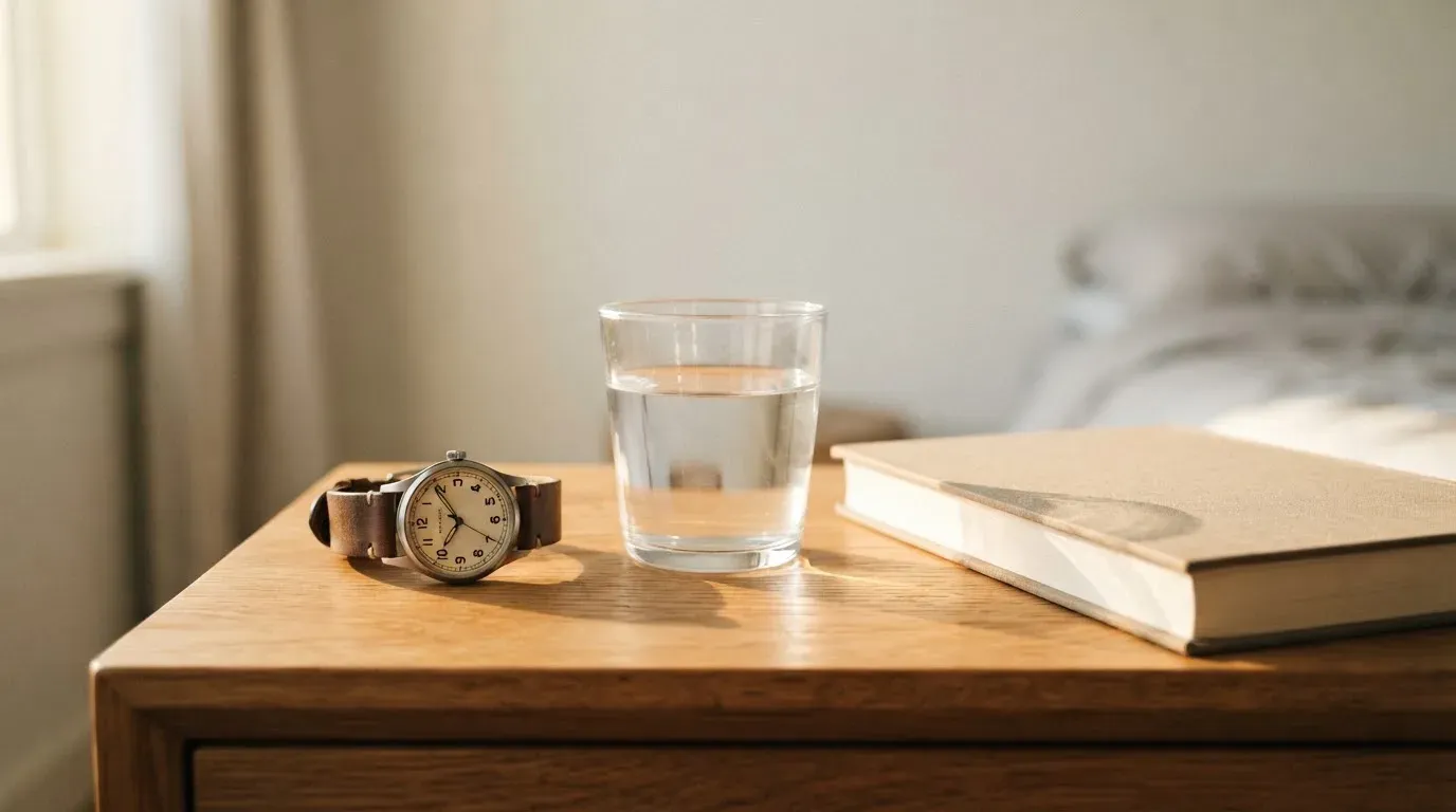 Eine Armbanduhr und ein Wasserglas stehen auf einem Nachttisch im ersten Morgenlicht, daneben ein zugeklapptes Buch.