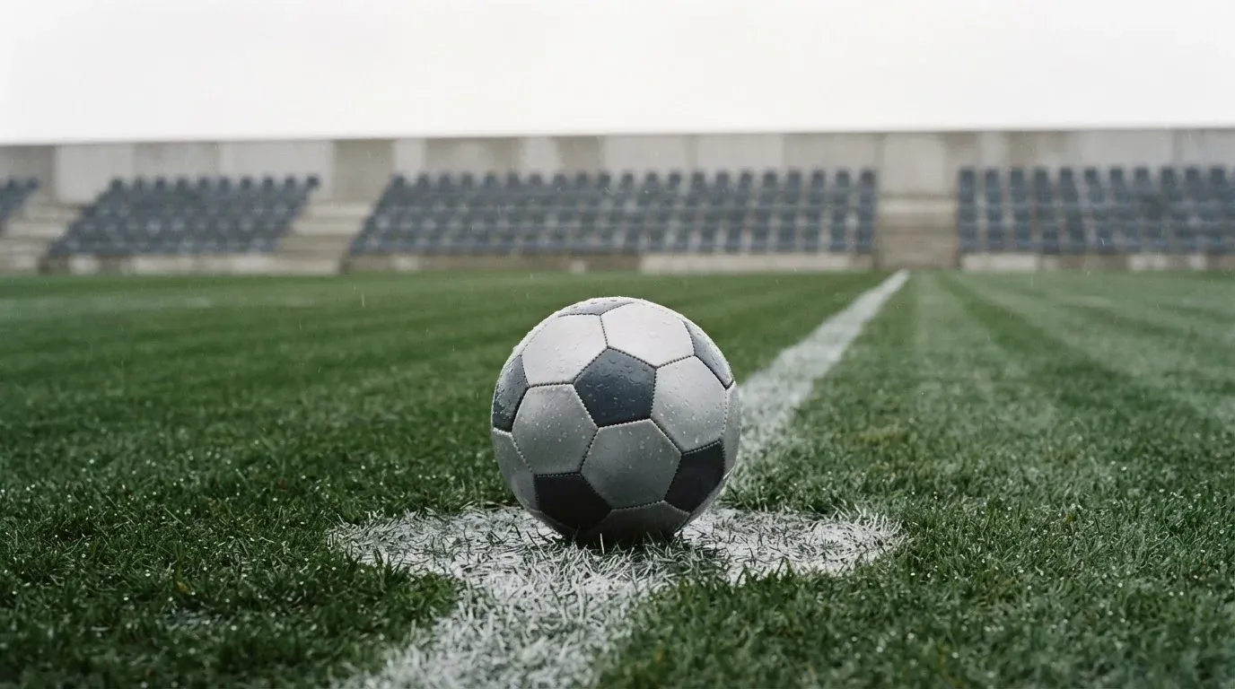 Ein Fussball liegt auf dem Anstosspunkt eines nassen Rasens, dahinter eine leere Tribüne unter grauem Himmel.