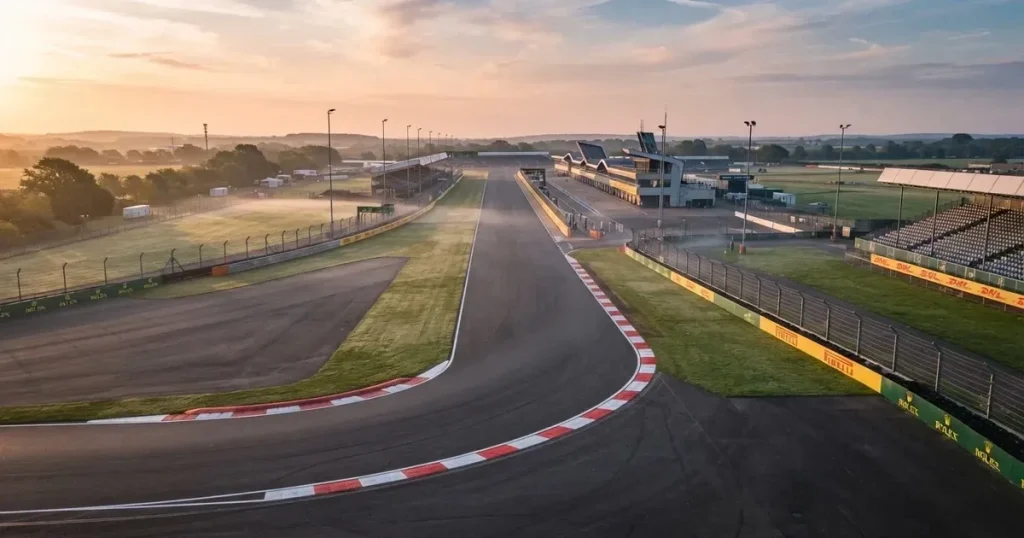 Eine leere Rennstrecke mit Asphaltkurven und rot-weissen Randsteinen, aus der Höhe bei Sonnenaufgang gesehen.