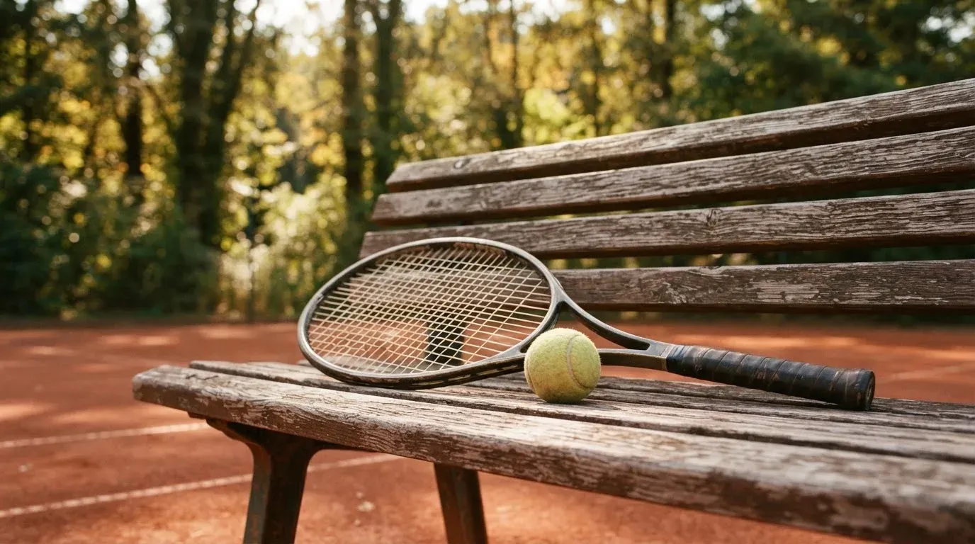 Ein Tennisball und ein Schläger ruhen auf einer Holzbank am Spielfeldrand, im Hintergrund hohe Bäume im Sommerlicht.
