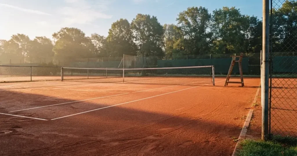 Ein Tennisplatz aus rotem Sand liegt im ersten Licht des Morgens, das Netz hängt still und die Linien sind frisch gezogen.