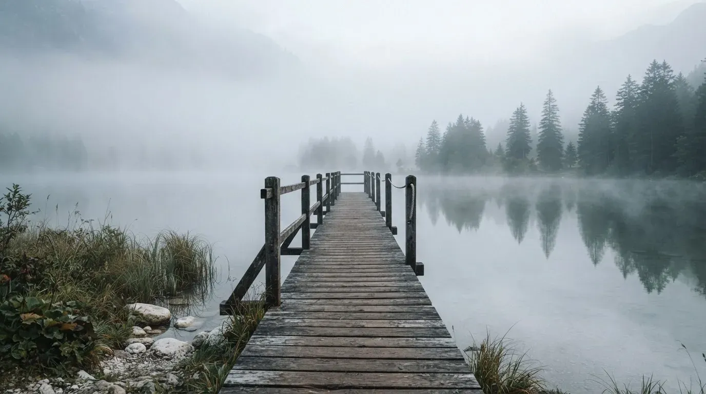 Ein Holzsteg führt über einen ruhigen Bergsee im Nebel, am anderen Ufer stehen dunkle Tannen.