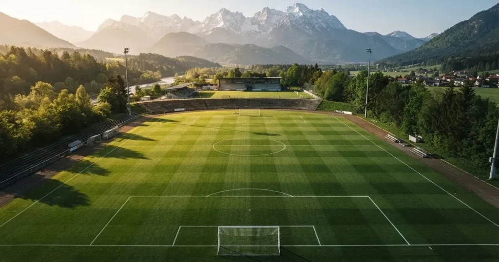 Ein Fussballplatz aus der Vogelperspektive mit sauberen Linien auf dichtem Rasen, in der Ferne verschneite Berge.