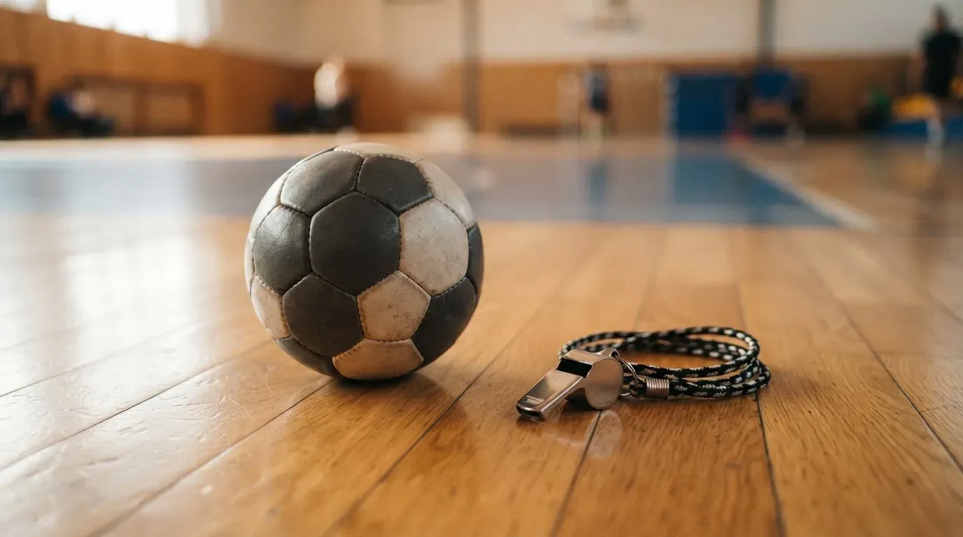 Ein kleiner, schwerer Ball liegt auf glattem Hallenparkett neben einer Trillerpfeife an einer Schnur.