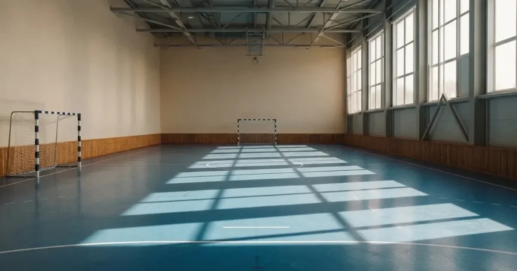 Eine leere Halle mit blauem Hallenboden und kleinen Toren an den Stirnseiten, Licht fällt durch hohe Fenster.