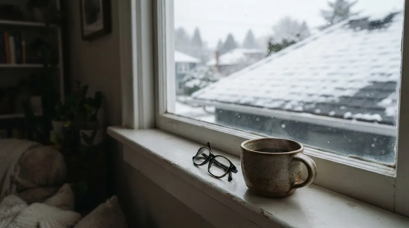 Eine Kaffeetasse und eine Brille stehen auf einem Fensterbrett, draussen fällt Schnee auf ein Dach.