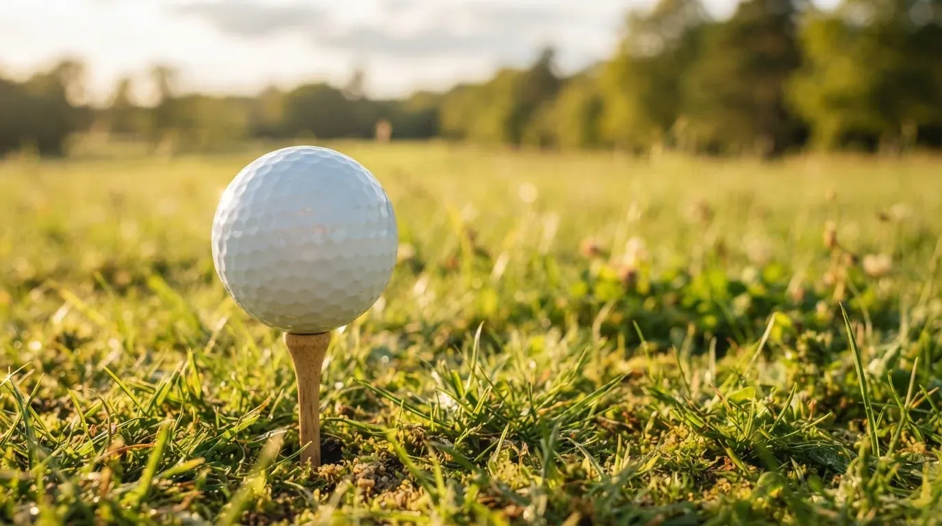 Ein Golfball liegt auf einem Holztee im Gras, scharf im Vordergrund, dahinter verschwimmt eine weite Wiese.
