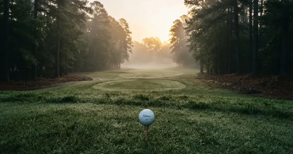 Ein weites Fairway zieht sich im Dunst des frühen Morgens zwischen Föhren hin, Tau liegt auf dem kurzen Gras.