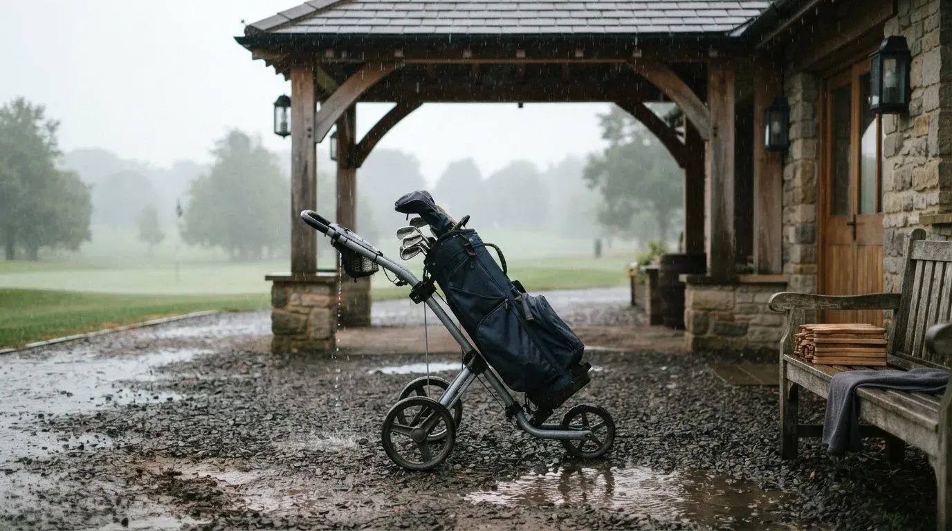 Ein leerer Golfwagen steht unter einem Vordach, Regen tropft vom Dachrand auf einen Kiesweg.