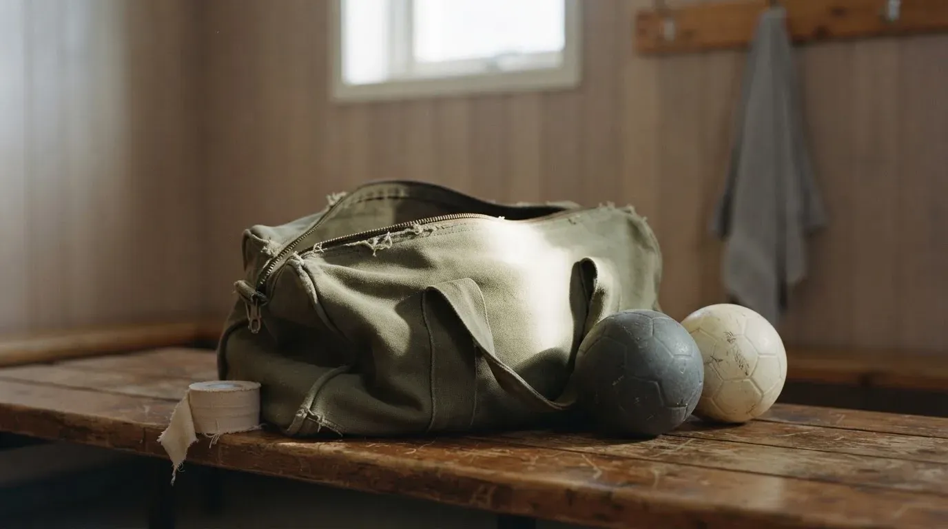 Eine Stofftasche mit Klebeband und zwei Handbällen steht auf einer Bank in einer Umkleide, Licht fällt durch ein kleines Fenster.