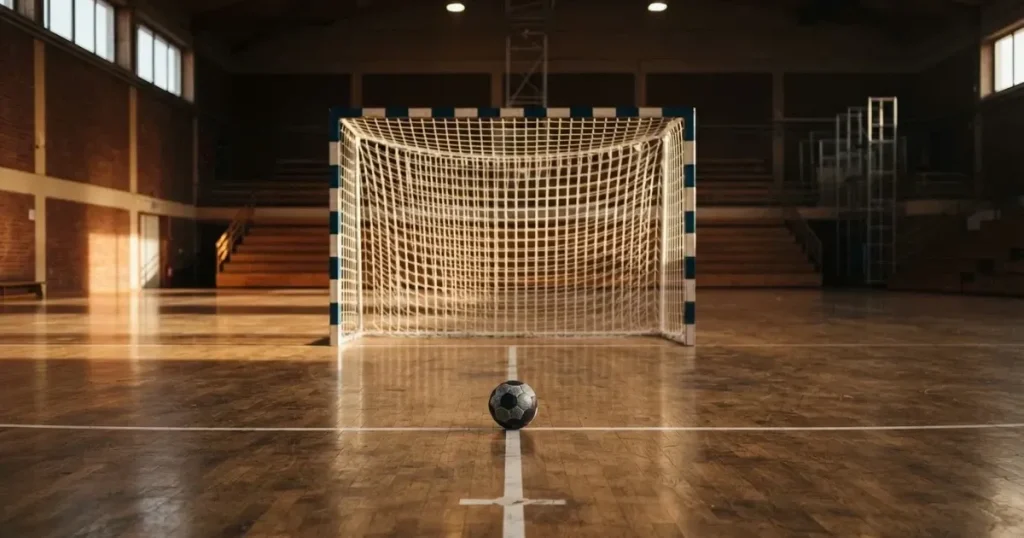 Ein Tor mit dicht gespanntem Netz steht in einer grossen Halle, davor liegt ein Handball auf der Torraumlinie.