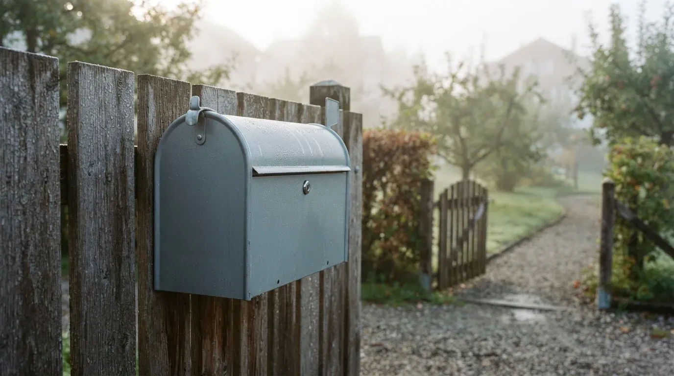 Ein Briefkasten aus Metall hängt an einem Holzzaun, dahinter liegt ein Garten im Morgennebel.