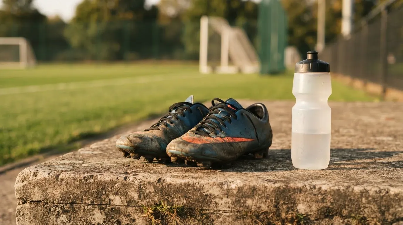 Ein Paar abgetragene Fussballschuhe steht neben einer Wasserflasche auf einer Treppenstufe im Sonnenlicht.