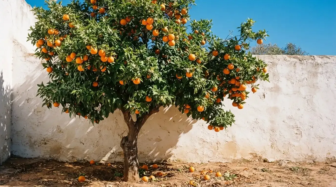 Ein Orangenbaum mit reifen Früchten wächst an einer weissen Mauer unter blauem Himmel.