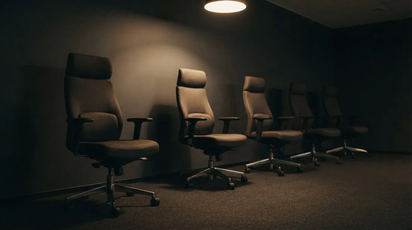 Eine Reihe leerer Bürostühle steht vor einer dunklen Wand in einem Raum mit gedämpftem Licht.