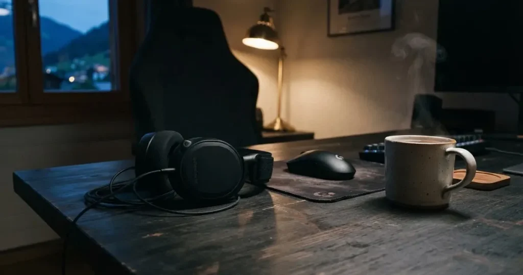 Ein Headset und eine Computermaus liegen auf einem dunklen Schreibtisch, daneben ein Becher mit dampfendem Tee.