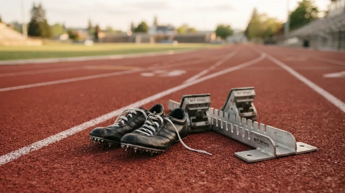 Ein Paar Laufschuhe mit Spikes liegt auf einer Tartanbahn neben einem Startblock, die Linien verlaufen in die Ferne.