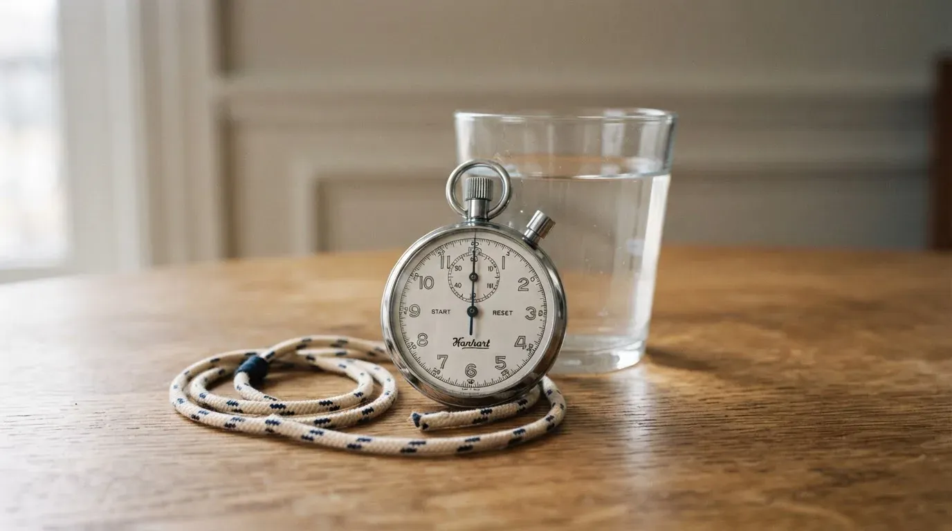Eine Stoppuhr an einer Schnur liegt auf einem Holztisch neben einem Wasserglas, das Licht ist ruhig.