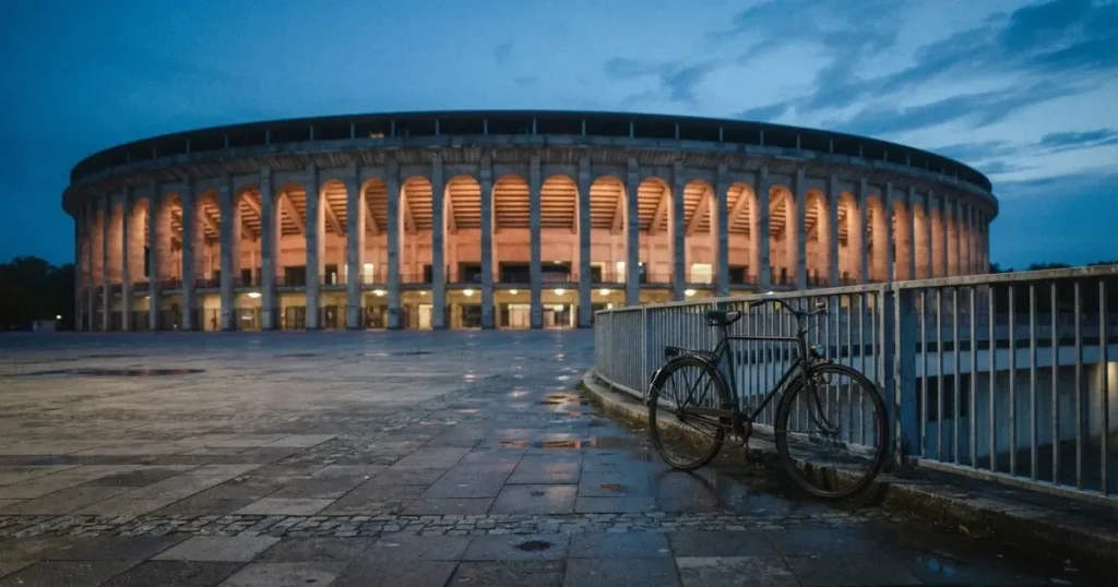 Ein Stadionrund von aussen in der Dämmerung, Betonbögen und leerer Vorplatz, ein Fahrrad lehnt am Geländer.