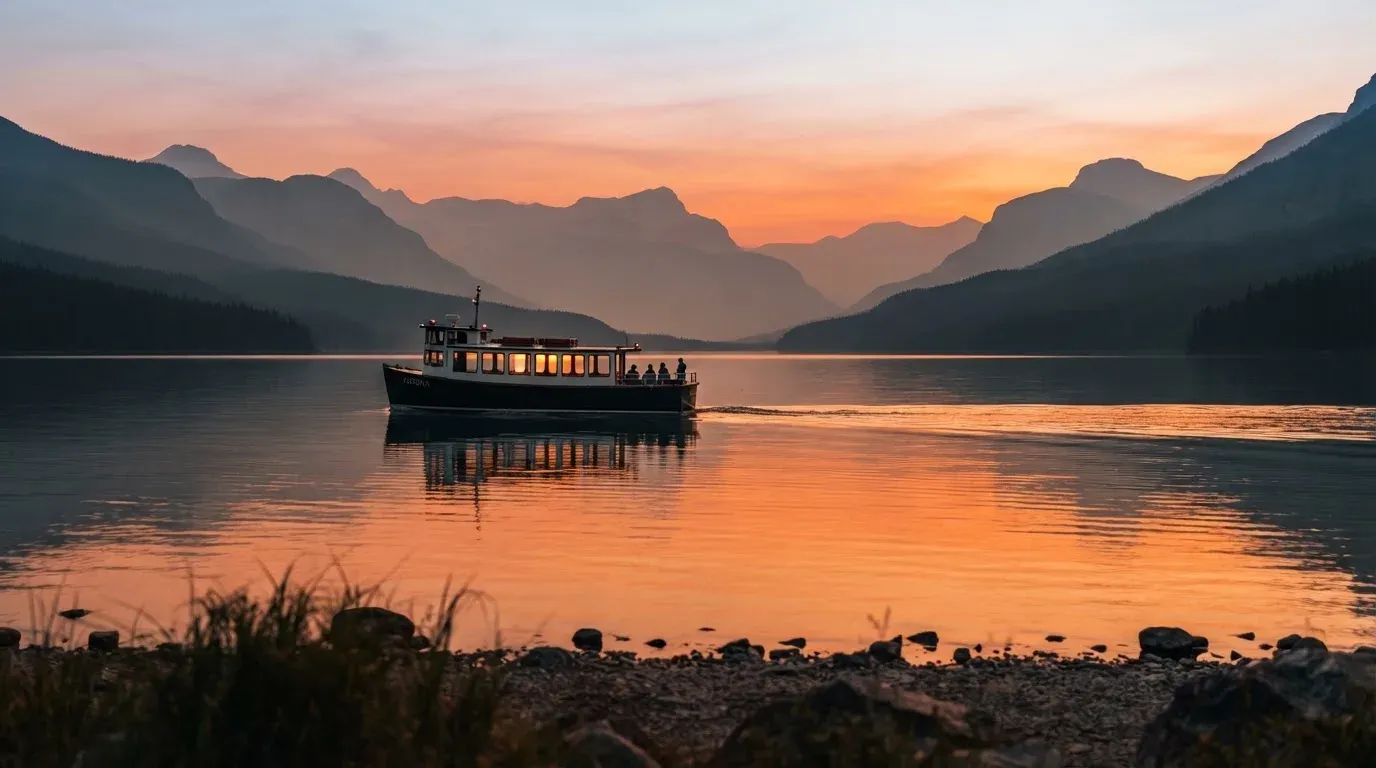 Eine Fähre gleitet bei Sonnenuntergang über einen ruhigen See, das Wasser glänzt in Orange.