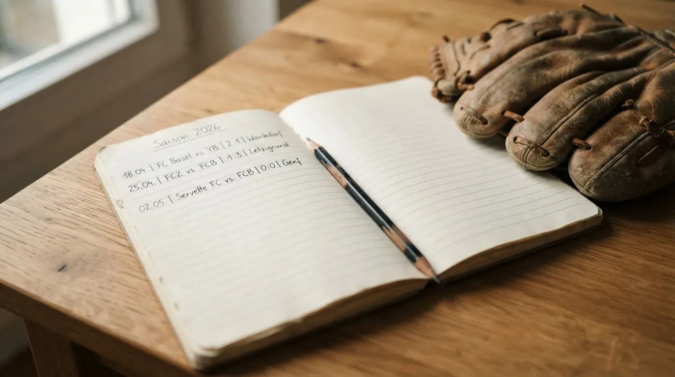 Ein aufgeschlagenes Notizbuch mit handgeschriebenen Notizen und ein Bleistift liegen auf einem Holztisch neben einem abgegriffenen Baseballhandschuh.