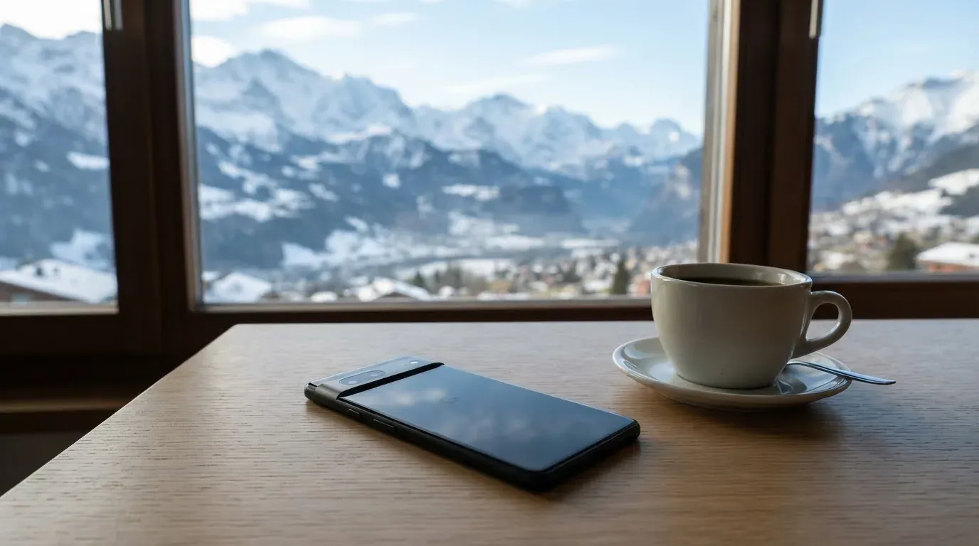 Ein Smartphone mit dunklem Bildschirm liegt auf einem hellen Schreibtisch neben einer Tasse, durch das Fenster dahinter sieht man eine Bergkette.