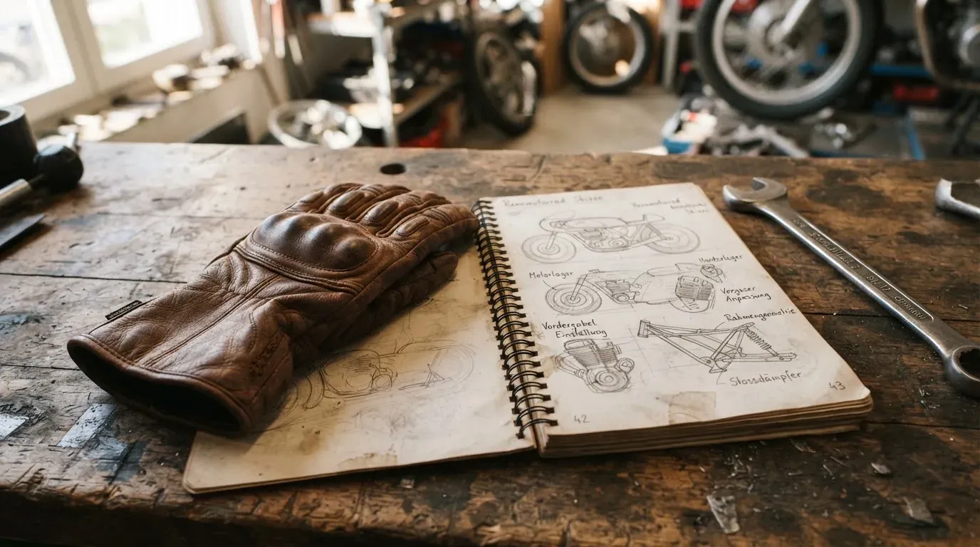 Ein Motorradhandschuh aus Leder liegt auf einer Werkbank neben einem Block mit handgezeichneten Skizzen und einem Schraubenschlüssel.