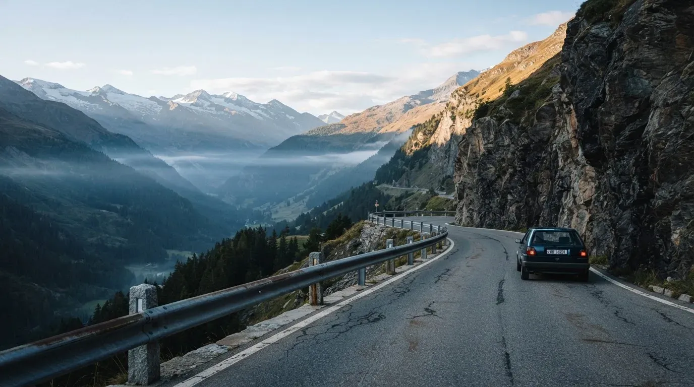 Eine Passstrasse in den Alpen mit enger Kurve und Leitplanke, darüber ein klarer Morgenhimmel und einzelne Nebelschwaden im Tal.