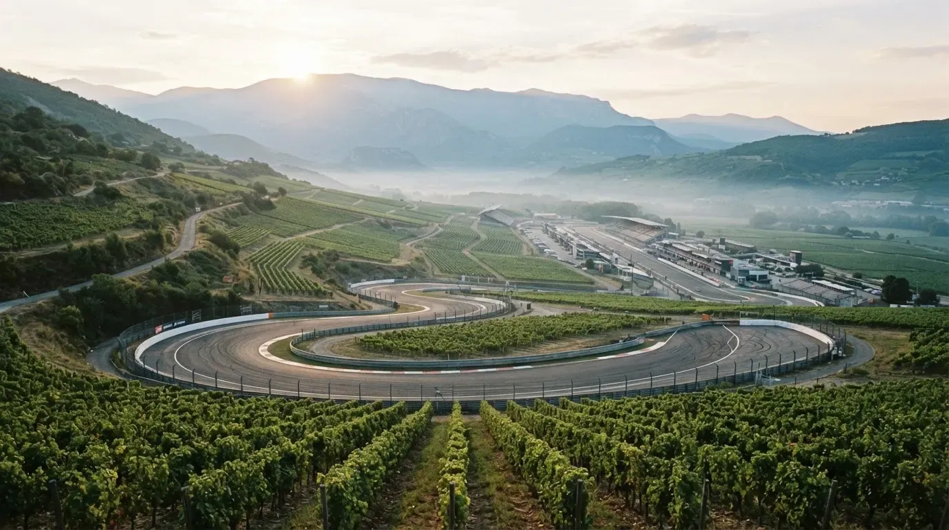 Eine Rennstrecke aus der Ferne zwischen Weinbergen und einer Bergkette, Dunst liegt am frühen Morgen über dem Asphalt.