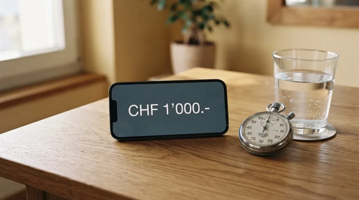 Eine Stoppuhr aus Metall liegt auf einem Holztisch neben einem Glas Wasser, das Licht fällt von der Seite durch ein Fenster.