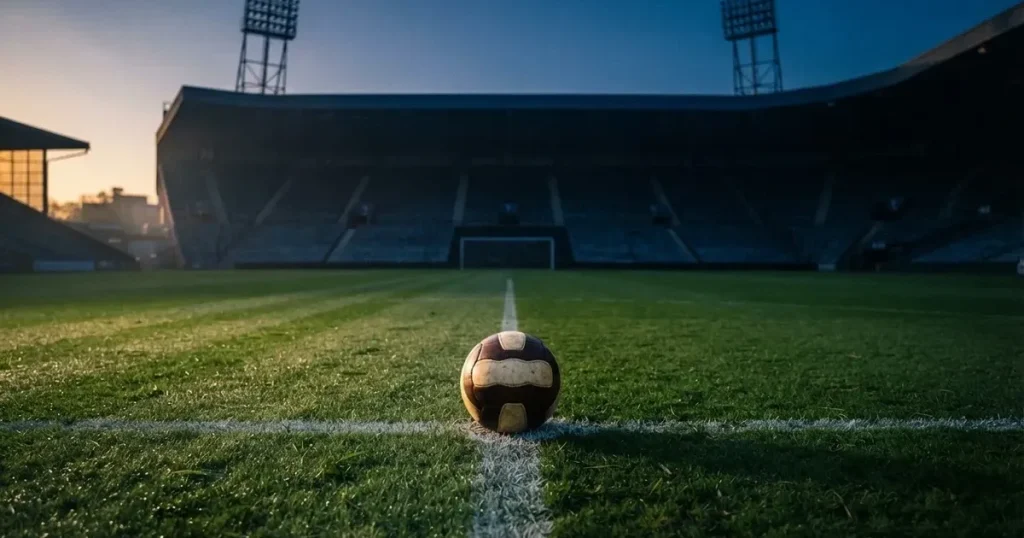Ein Fussball liegt auf dem Mittelpunkt eines leeren Rasens, im Hintergrund steigen steile Tribünen in der Dämmerung auf.